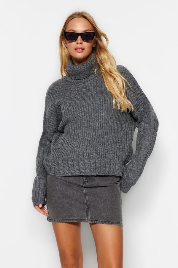 Trendyol Trendyol Anthracite Turtleneck Braided Knitwear Sweater