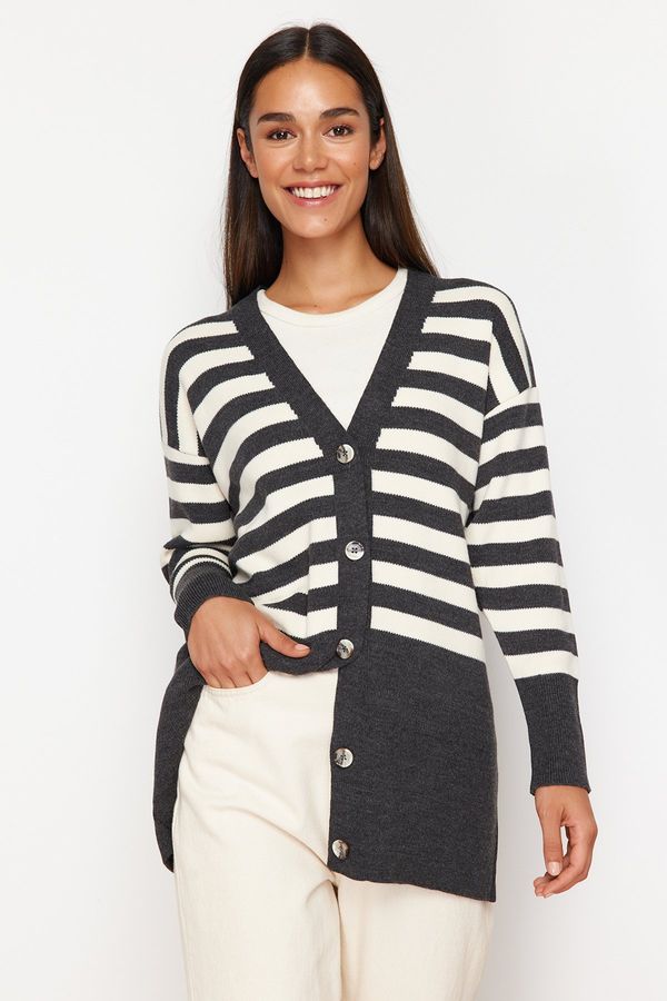 Trendyol Trendyol Anthracite V-Neck Striped Knitwear Cardigan