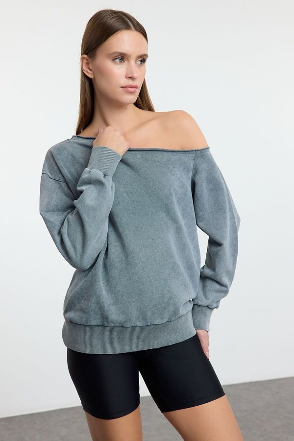 Trendyol Trendyol Anthracite Washed Oversize/Wide Fit Asymmetrical Collar Thick Knitted Sweatshirt