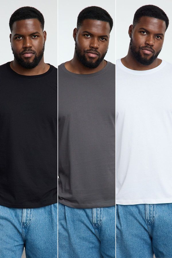 Trendyol Trendyol Anthracite-White-Black Slim Fit Crew Neck Plus Size 3-Pack T-shirt