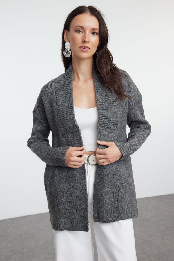 Trendyol Trendyol Anthracite Wide Fit Soft Textured Knitwear Cardigan