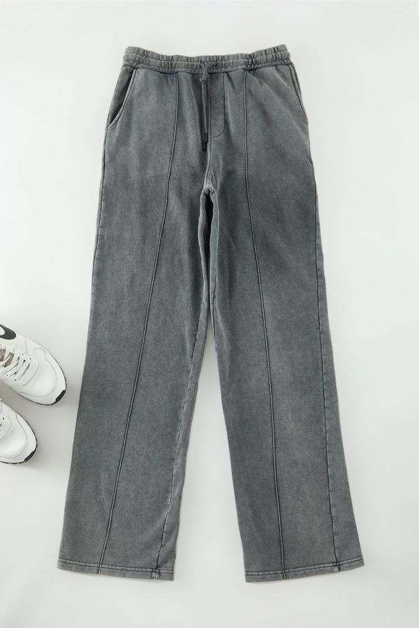 Trendyol Trendyol Anthracite Wide Leg Ribbed Vintage/Faded Effect Basic Sweatpants