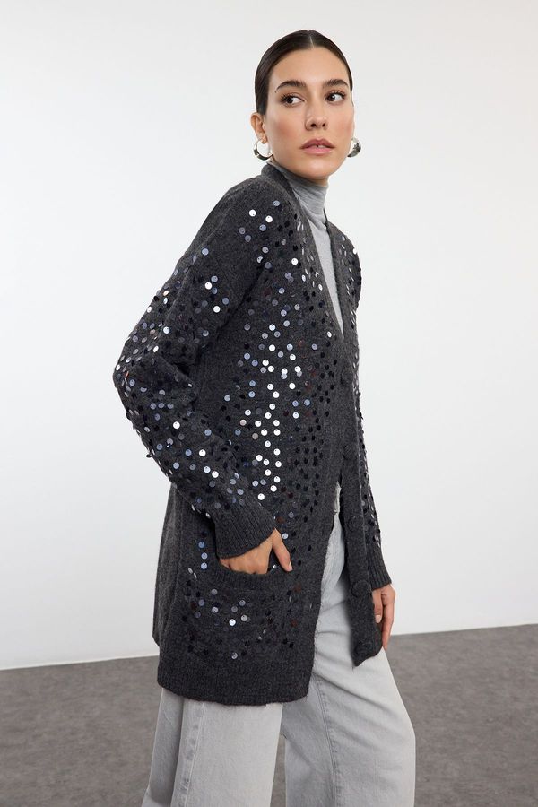 Trendyol Trendyol Anthracite Wool Sequin Embroidered Knitted Cardigan