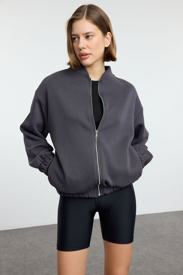 Trendyol Trendyol Anthracite Zippered Oversize/Wide Pattern Thick Polar Fleece Knitted Sweatshirt