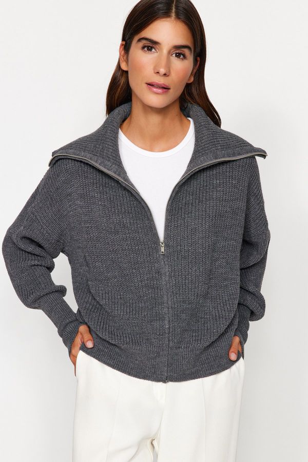 Trendyol Trendyol Anthracite Zippered Turndown Collar Knitwear Cardigan