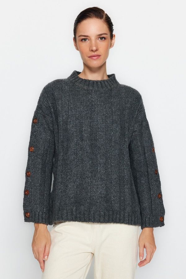 Trendyol Trendyol antracit mehak teksturiran pulover za pletenine s stranskimi gumbi