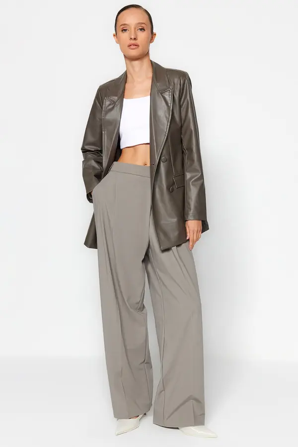 Trendyol Trendyol antracite imitacija usnja Redna podložena dvojna prsna zaprta tkana jakna blazer