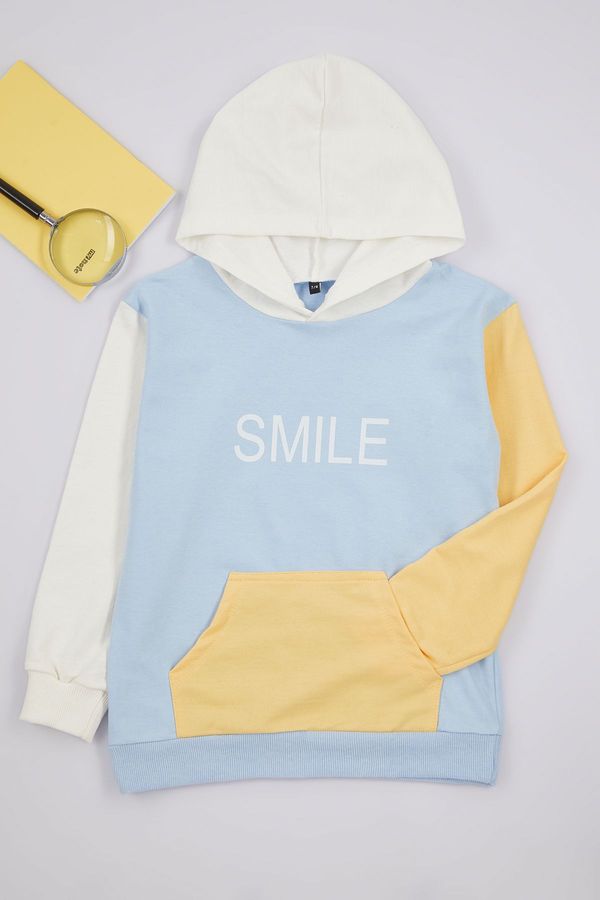 Trendyol Trendyol Baby Blue Boy's Hooded Color Block Cotton Knit Sweatshirt