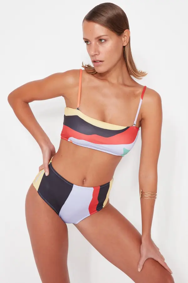 Trendyol Trendyol barvit abstraktni vzorec Bikini dno visokega pasu