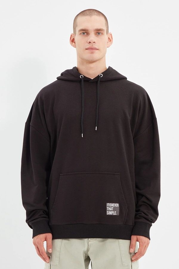Trendyol Trendyol Basic Black Oversize/Wide Cut Hooded Labeled Fleece Cotton Sweatshirt