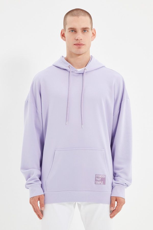 Trendyol Trendyol Basic Lilac Oversize Hooded Labeled Fleece Cotton Sweatshirt