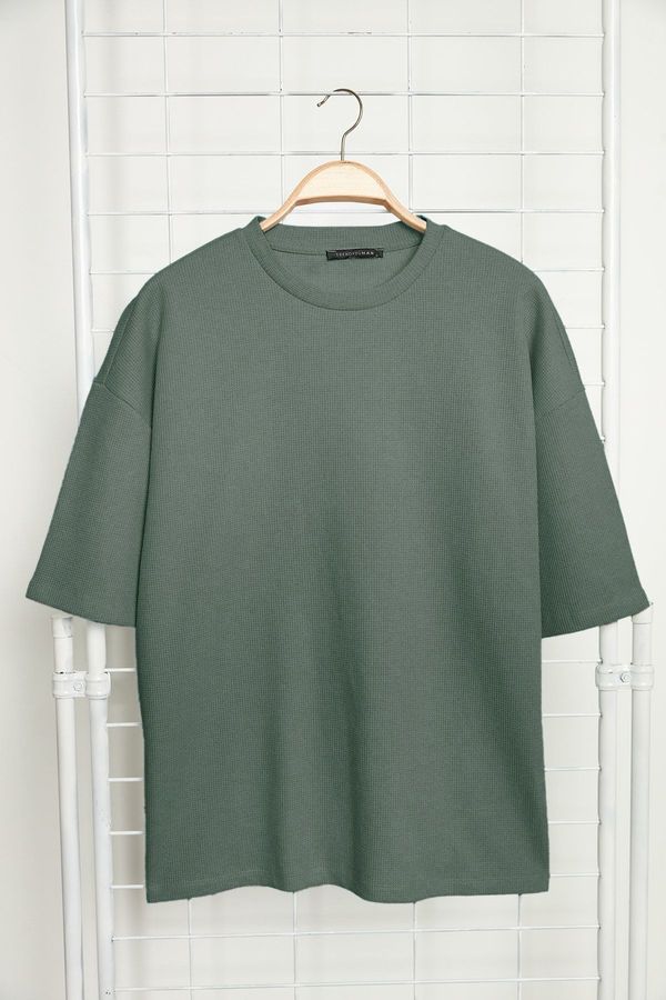 Trendyol Trendyol Basic Mint Oversize/Wide Cut Textured Waffle Short Sleeve T-Shirt