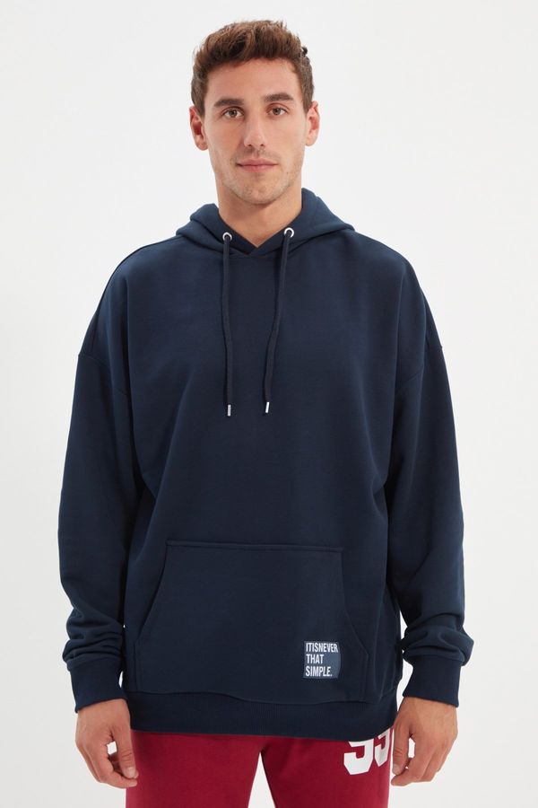 Trendyol Trendyol Basic Navy Blue Oversize/Wide Cut Labeled Fleece Lined Cotton Sweatshirt