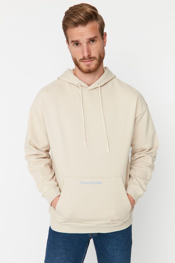 Trendyol Trendyol Beige Basic Oversize/Wide Cut Fit Hooded Printed Sweatshirt