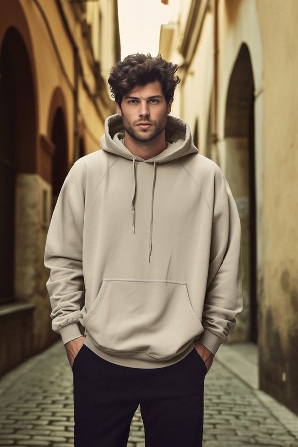 Trendyol Trendyol Beige Basic Oversize/Wide Cut Hooded Fleece Inside Sweatshirt