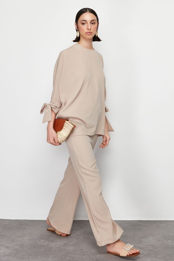 Trendyol Trendyol Beige Bat Sleeve Woven Aerobin Tunic-Pants Suit