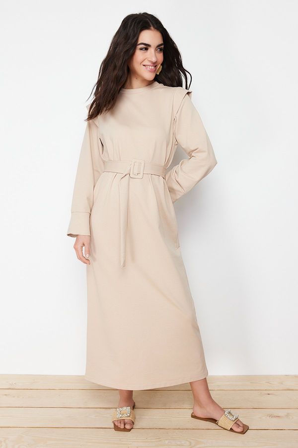 Trendyol Trendyol Beige Belted Shoulder Detailed Knitted Dress