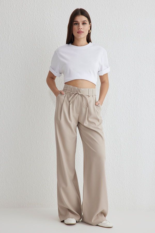 Trendyol Trendyol Beige Belted Wide Leg/Wide Leg Woven Trousers