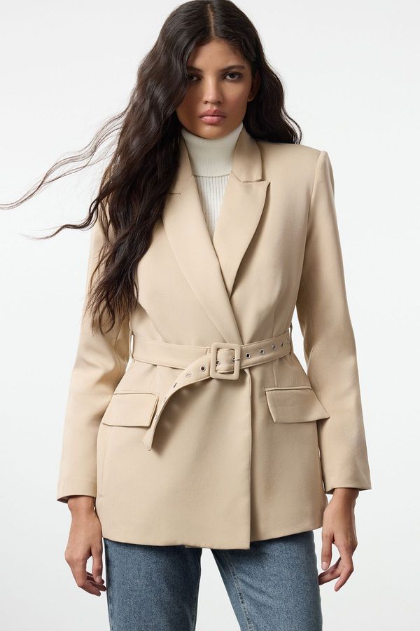 Trendyol Trendyol Beige Belted Woven Blazer Jacket