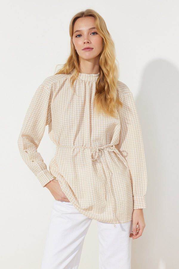 Trendyol Trendyol Beige Belted Woven Seeerproof Plaid Tunic