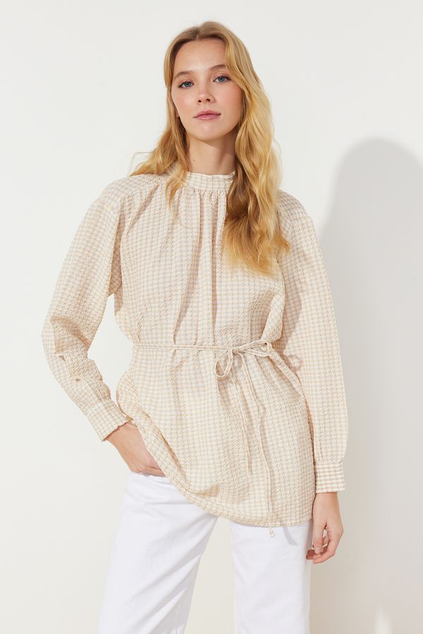 Trendyol Trendyol Beige Belted Woven Seersucker Check Tunic