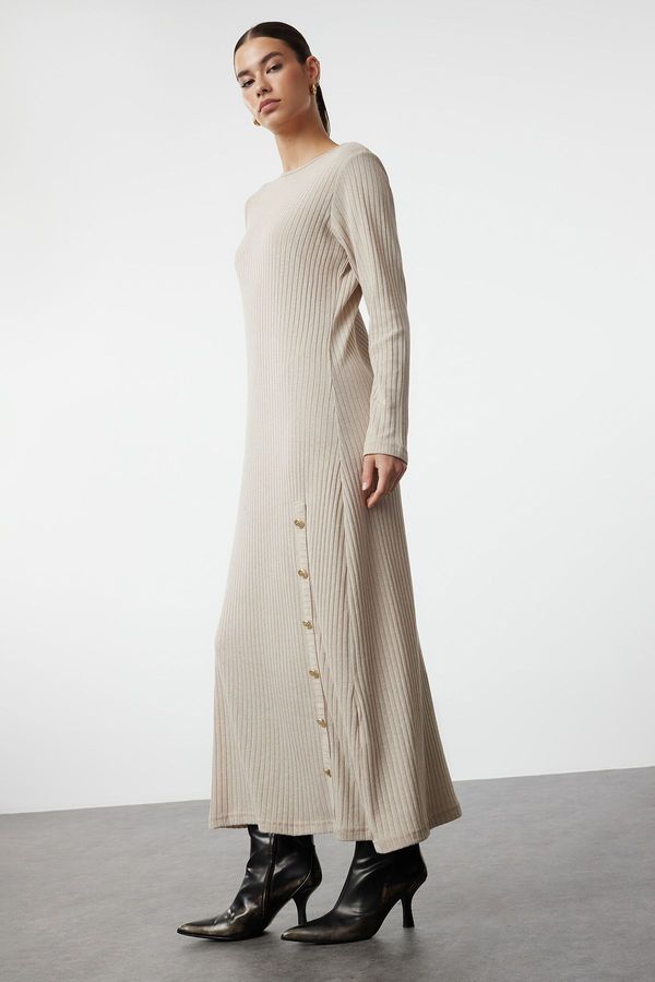 Trendyol Trendyol Beige Button Detailed Corduroy Knitted Dress