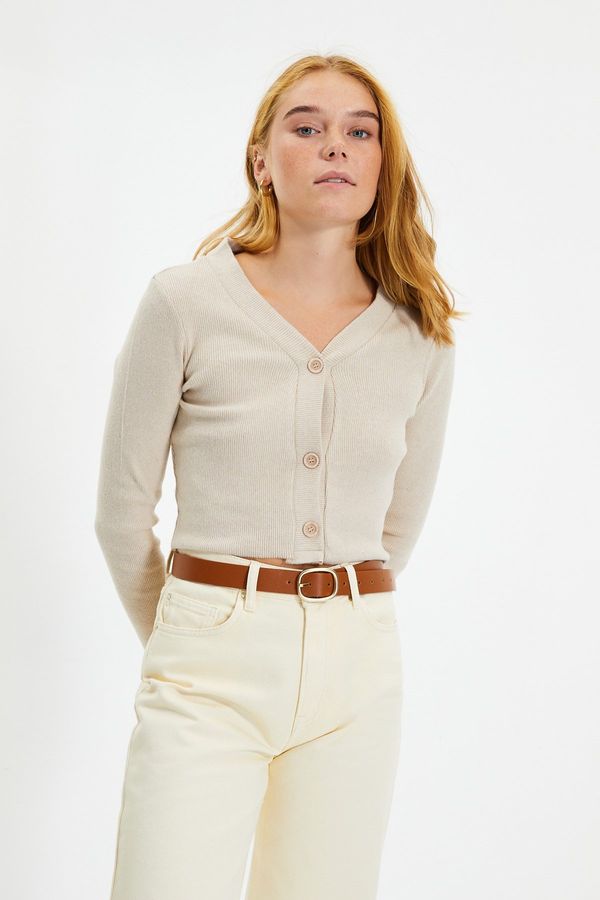 Trendyol Trendyol Beige Buttoned V Neck Fake Knitwear Knitted Blouse