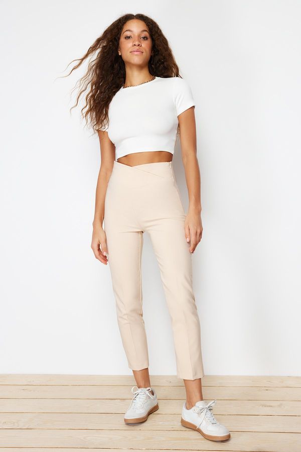 Trendyol Trendyol Beige Cigarette Ribbed Waist Detail Woven Trousers