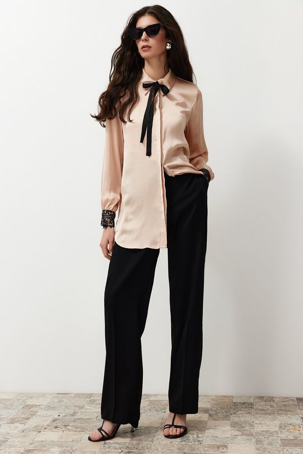 Trendyol Trendyol Beige Collar Bow and Lace Detailed Satin Woven Shirt