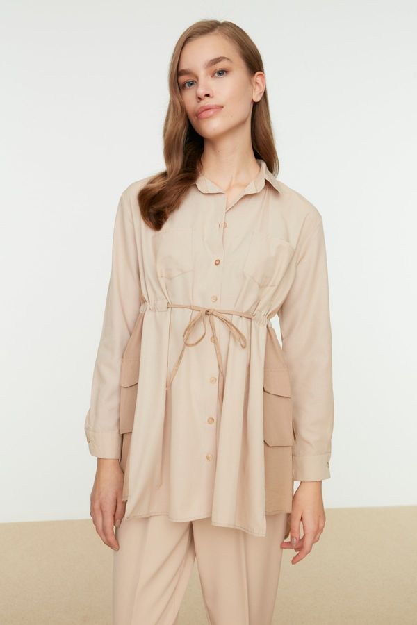 Trendyol Trendyol Beige Color Block Fastening and Pocket Detail Woven Shirt