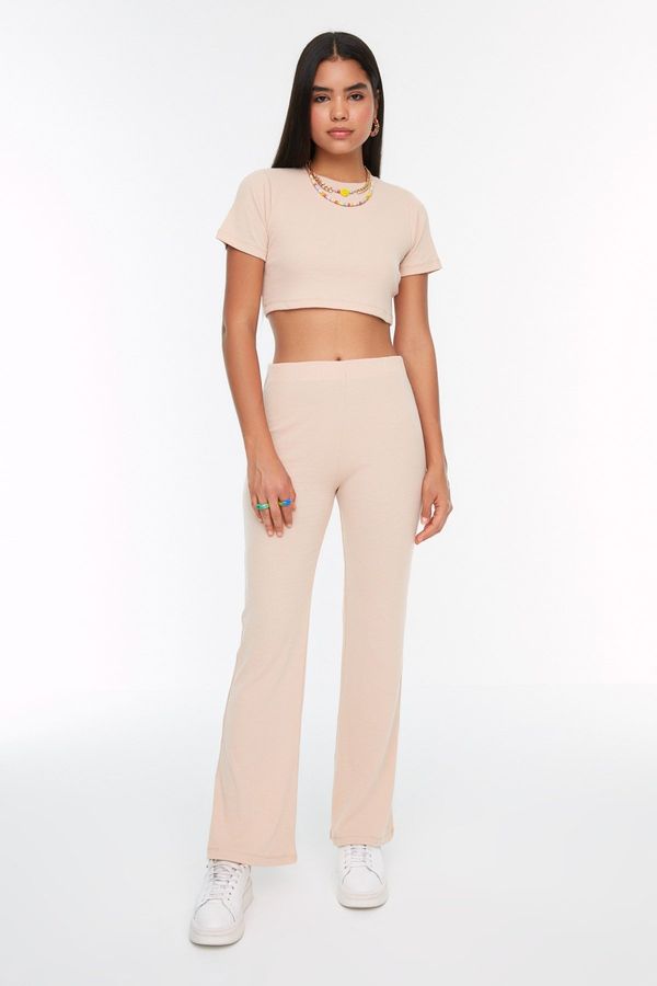 Trendyol Trendyol Beige Crop Crew Neck Ribbed Stretchy Knitted Blouse and Trousers Top and Bottom Set