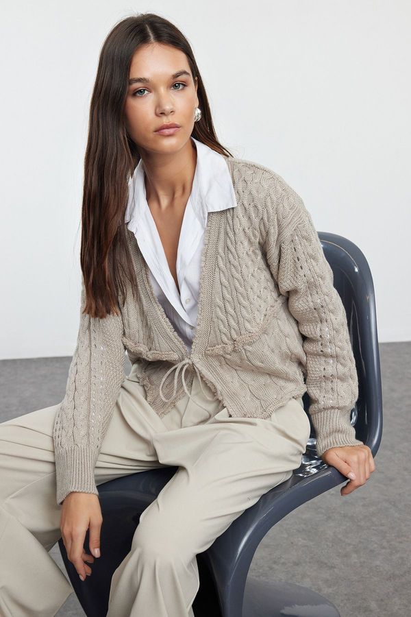 Trendyol Trendyol Beige Crop Tie Detail Knitwear Cardigan