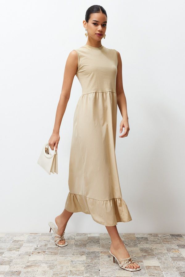 Trendyol Trendyol Beige Frilled Skirted Jersey-Poplin Sleeveless Knitted Undershirt Dress