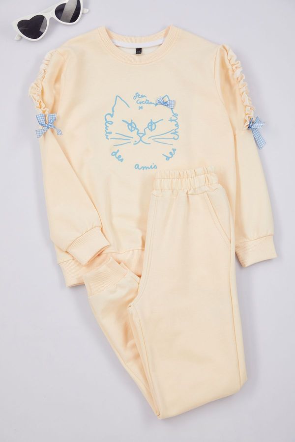 Trendyol Trendyol Beige Girl Cat Patterned Pajama Set Knitted Top-Bottom Set