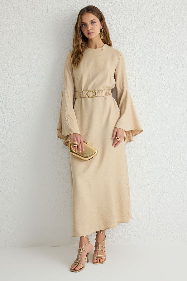 Trendyol Trendyol Beige Gold Elastic Belted Glittery Woven Dress