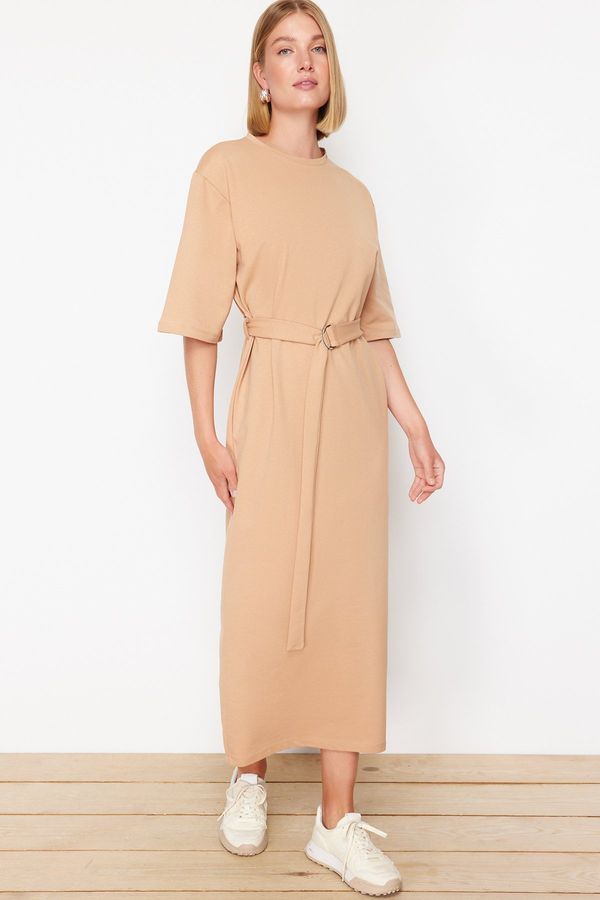 Trendyol Trendyol Beige Half Sleeve Belted Knitted Dress