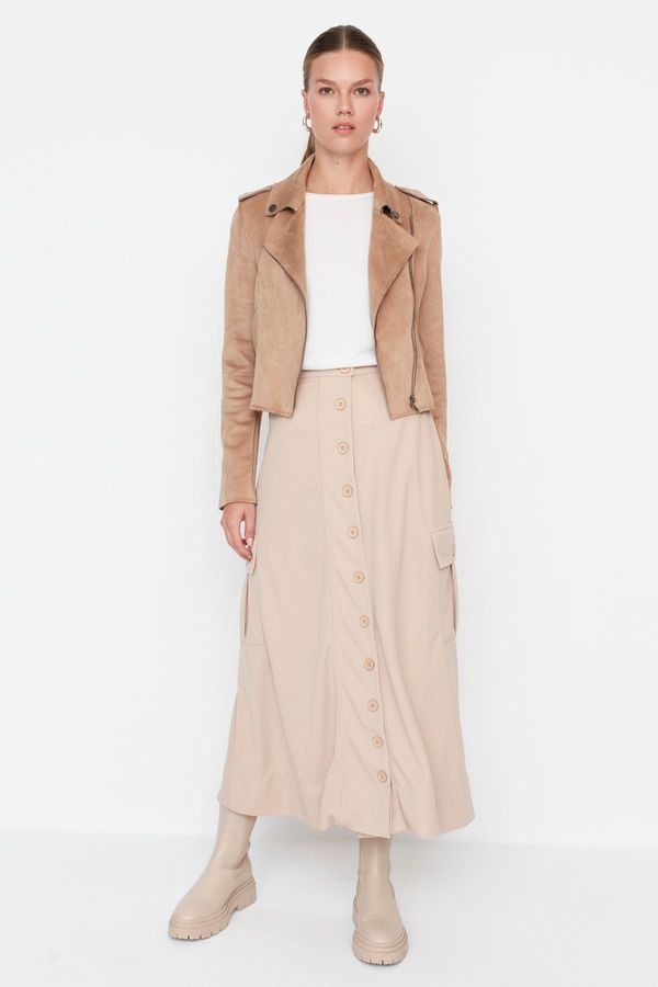 Trendyol Trendyol Beige High Waist Buttoned Scuba Knit Skirt