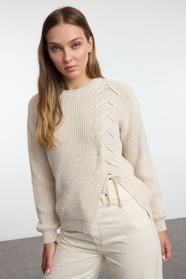 Trendyol Trendyol Beige Lace and Slit Detailed Crew Neck Knitwear Sweater