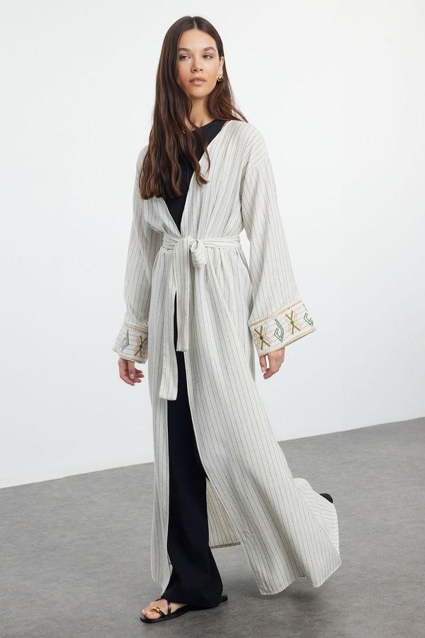 Trendyol Trendyol Beige Linen Look Embroidered Woven Kimono & Kaftan & Abaya