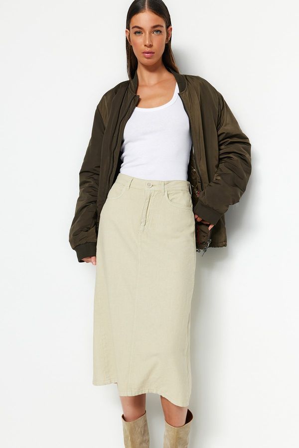 Trendyol Trendyol Beige Linen Midi Denim Skirt