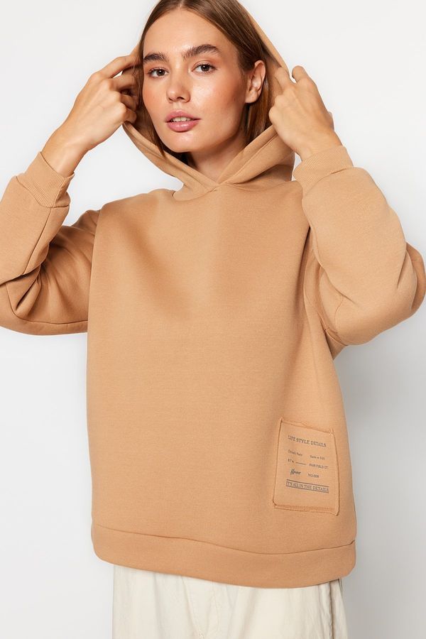 Trendyol Trendyol Beige Loose Hooded Printed and Raised Knitted Sweatshirt