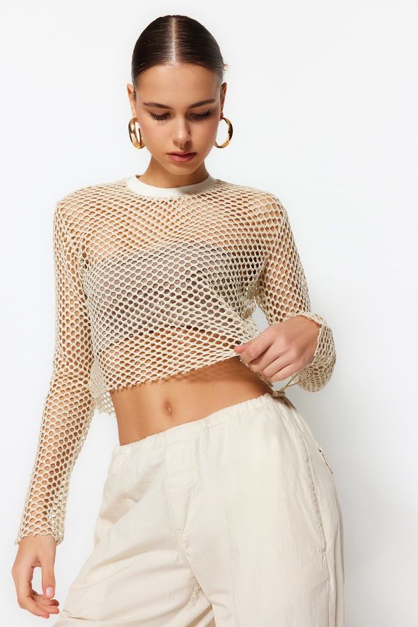 Trendyol Trendyol Beige Lurex Mesh Relaxed Cut Crew Neck Crop Knitted Blouse