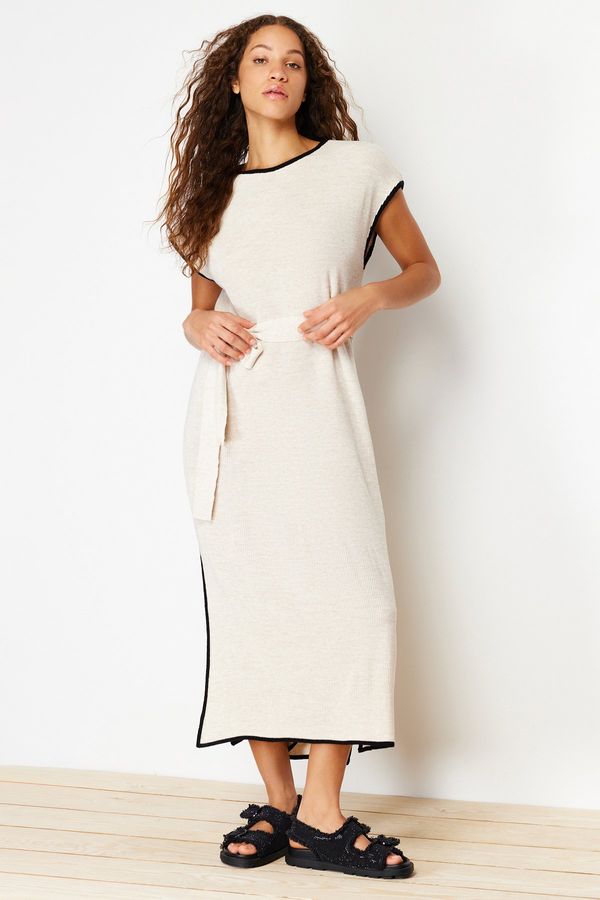 Trendyol Trendyol Beige Maxi Knitwear Belted Color Block Dress