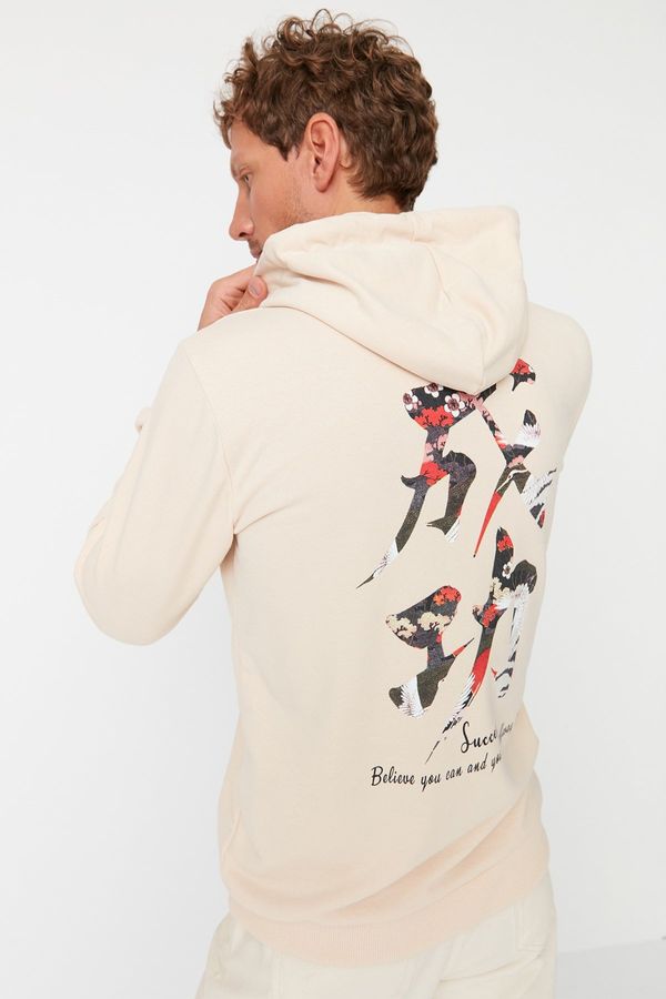 Trendyol Trendyol Beige Men's Regular Cut Hooded Far East Printed Sweatshirt