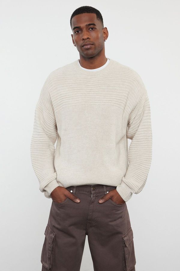 Trendyol Trendyol Beige Oversize Crew Neck Plain Knitwear Sweater