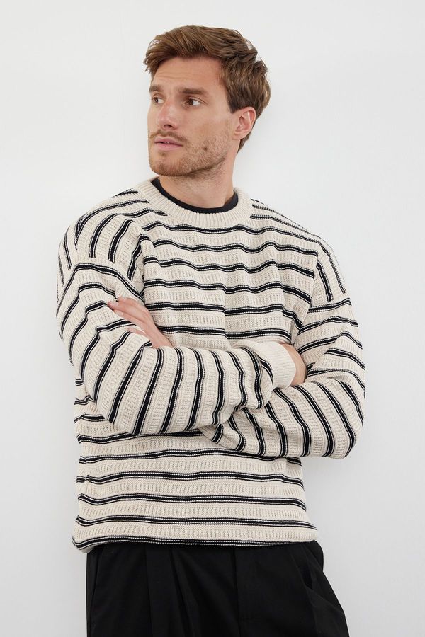 Trendyol Trendyol Beige Oversize Crew Neck Striped Knitwear Sweater