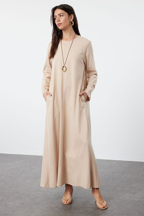 Trendyol Trendyol Beige Oversize Knitted Pocket Detailed Cotton Jersey Dress