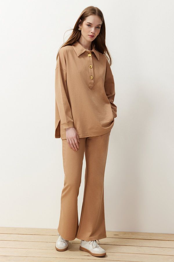 Trendyol Trendyol Beige Oversize Polo Collar Gold Button Detailed Knitted Top-Bottom Set