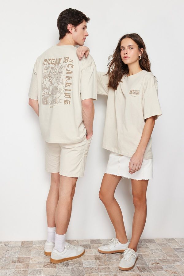 Trendyol Trendyol Beige Oversize/Wide Cut Back Embossed Text Printed 100% Cotton T-shirt