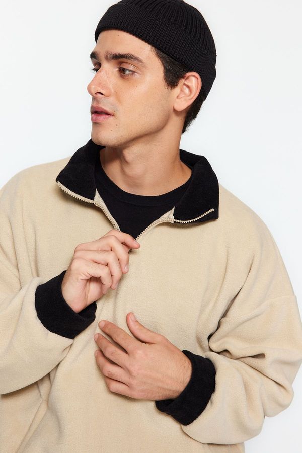 Trendyol Trendyol Beige Oversize/Wide Cut Half Zipper Stand Collar Anti-pilling Fleece Sweatshirt